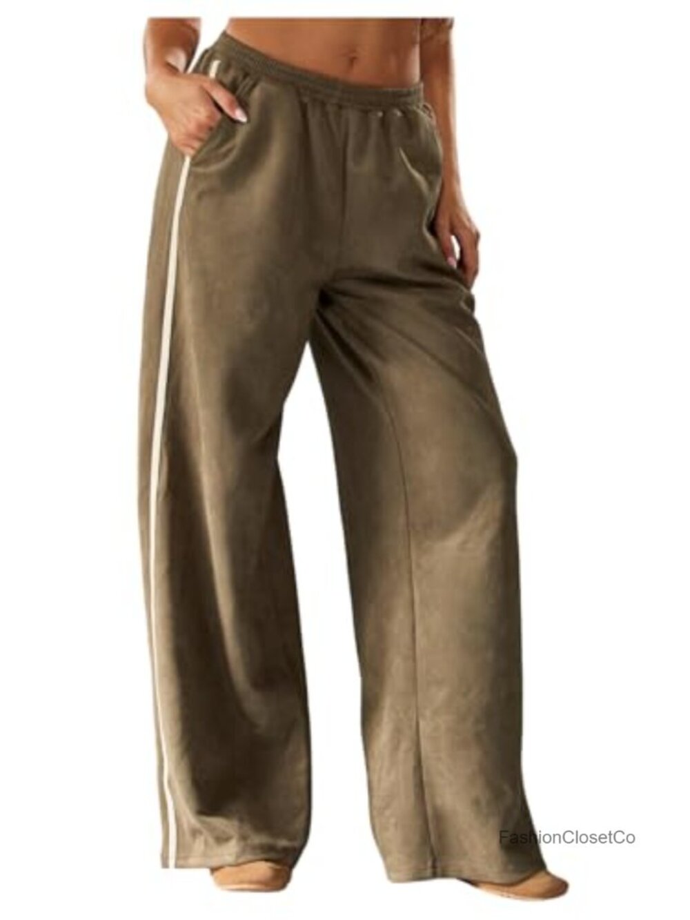 Faux Suede Baggy Pants Wide Leg High Waist Elastic Waistband Casual - Picture 1 of 4
